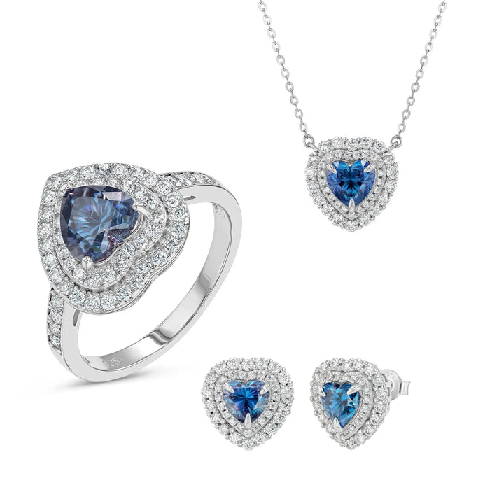 Blue Sapphire & Moissanite Heart Cut Jewellery Set Summer Diamonds