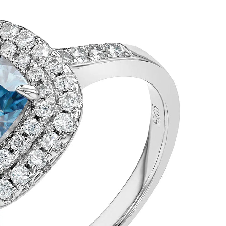 Blue Sapphire & Moissanite Cushion Cut Halo Ring Summer Diamonds